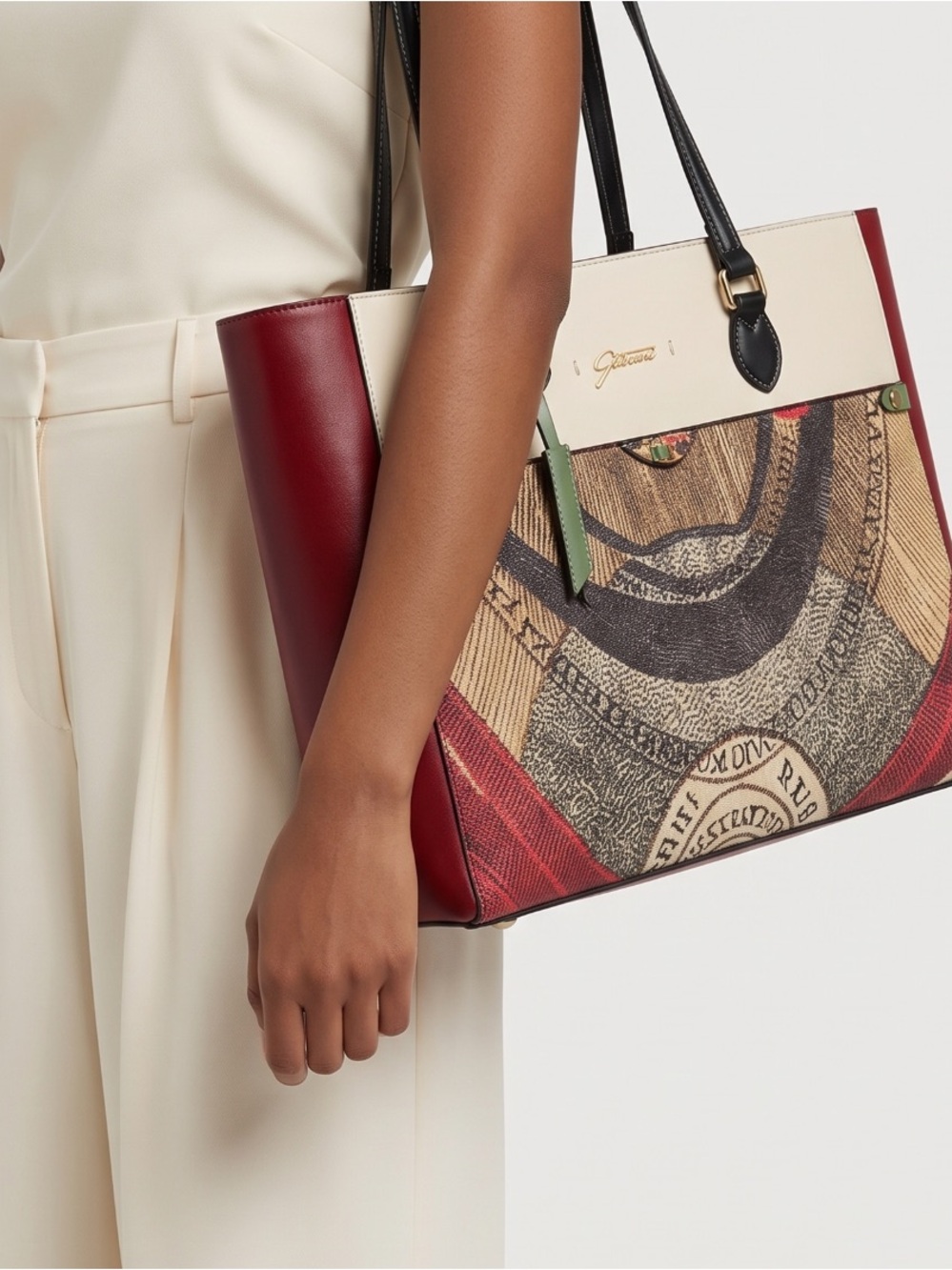 Multicolor Graphic Gattinoni Tote with Pouch Set.